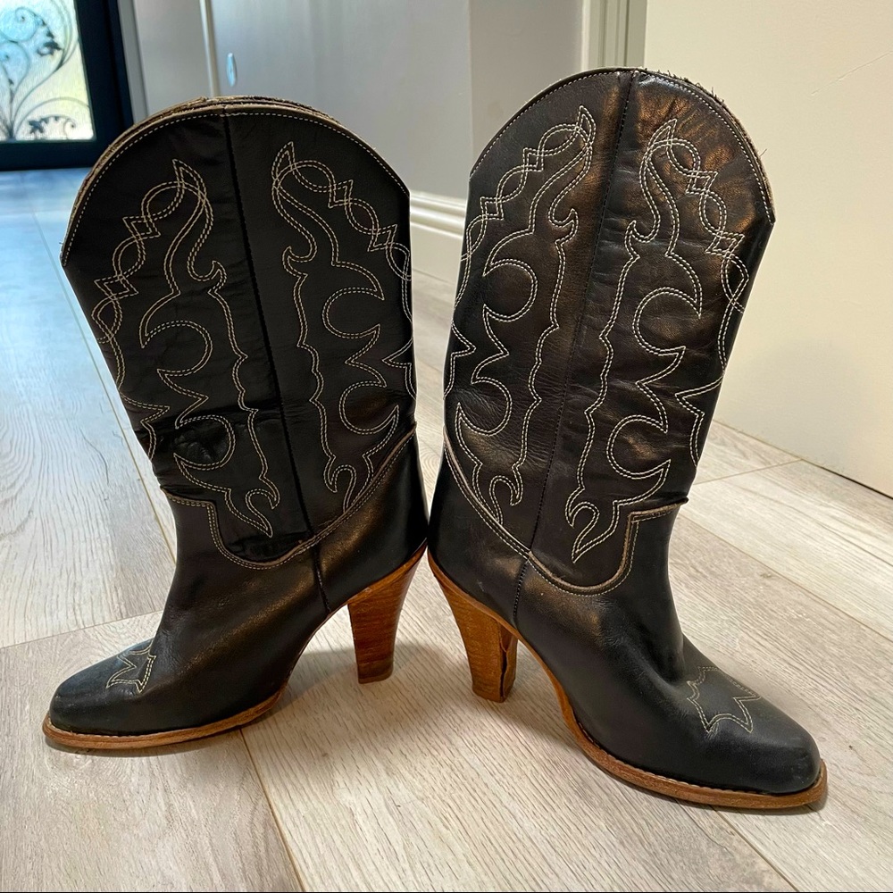 Zodiac Black Leather High Heeled Cowboy Boots